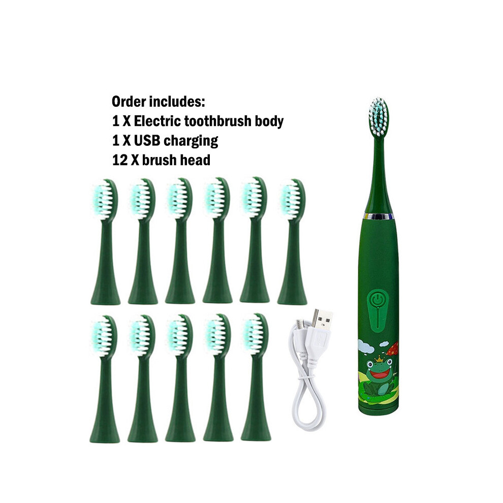(Green 12 heads)Sonic Children's electric toothbrush with 12 brush heads IPX7 Waterproof ultrasonic