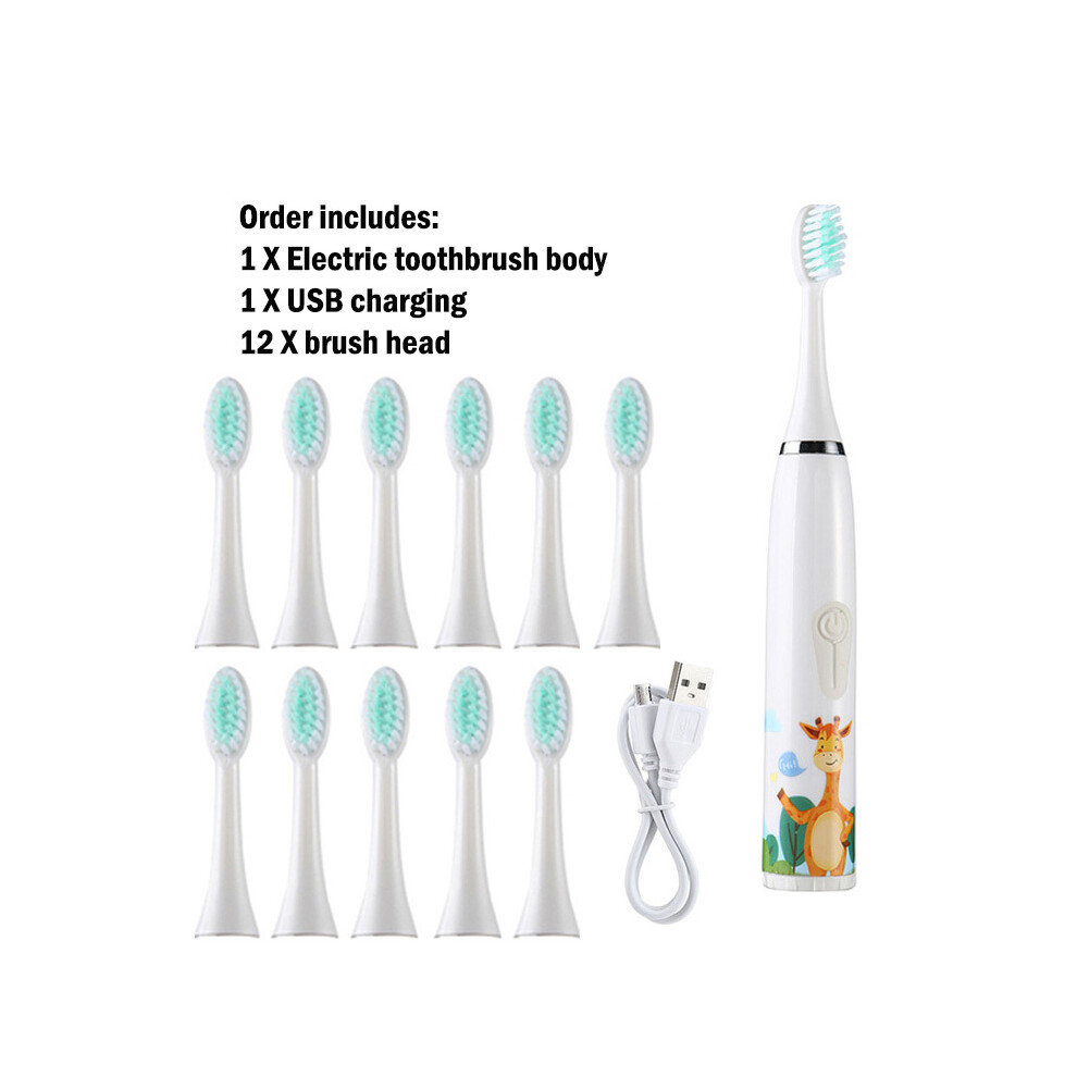 (White 12 heads)Sonic Children's electric toothbrush with 12 brush heads IPX7 Waterproof ultrasonic