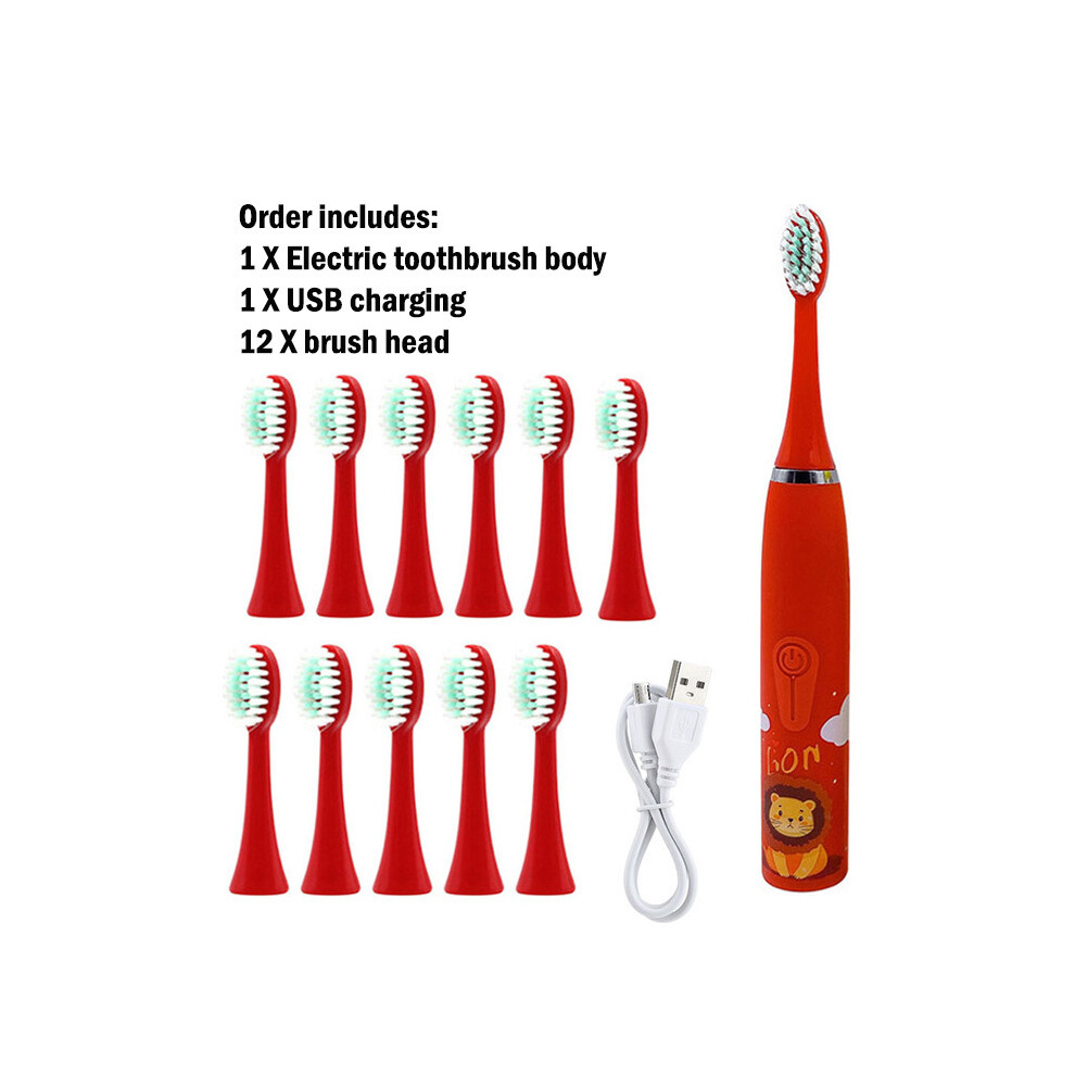 Red ( 12 Heads)Sonic Children's Electric Toothbrush With 12 Brush Heads Ipx7 Waterproof Ultrasonic Rechargeable