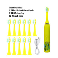(Jaune 12 têtes) Brosse à dents électrique Sonic pour enfants avec 12 têtes de brosse IPX7 étanche à