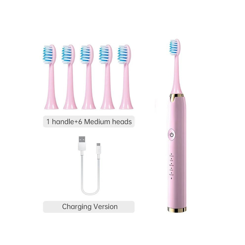 Pink (, 6 Heads)Tongwode Electric Sonic Toothbrush Usb Rechargeable Waterproof Electronic Ultrasonic