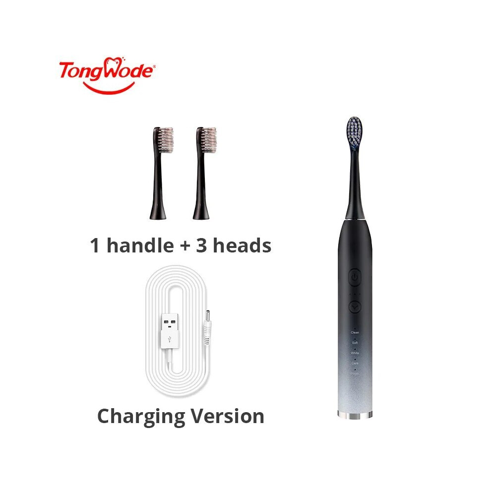 Black ( With 3 Brushes) Tongwode Electric Sonic Toothbrush Rechargeable Waterproof Electronic Usb Charging