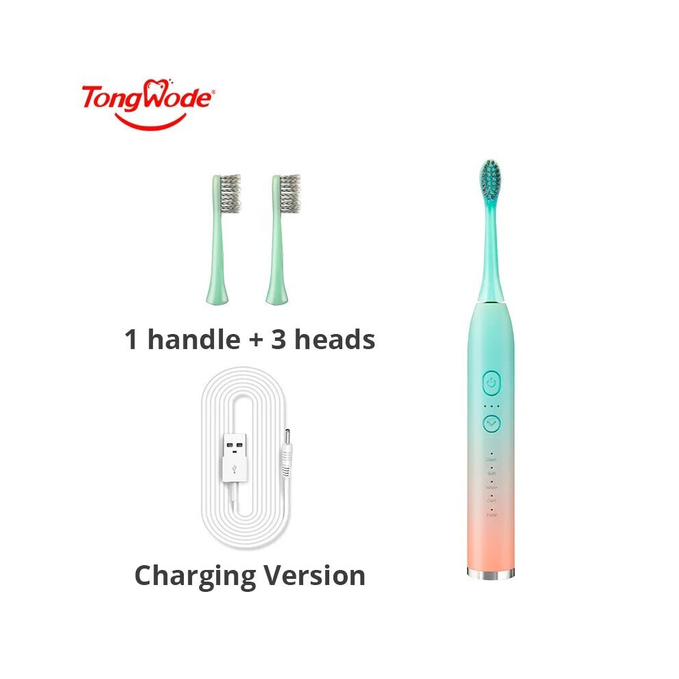 Green ( With 3 Brushes) Tongwode Electric Sonic Toothbrush Rechargeable Waterproof Electronic Usb Charging