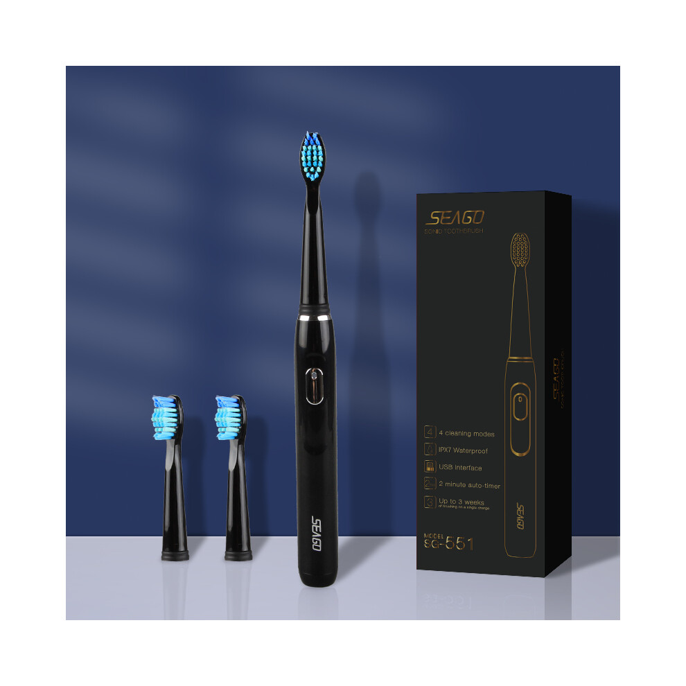 (551 Black) SEAGO Sonic Rechargeable Electric Toothbrush, 4 Modes and 3 Interchangeable Brush Heads