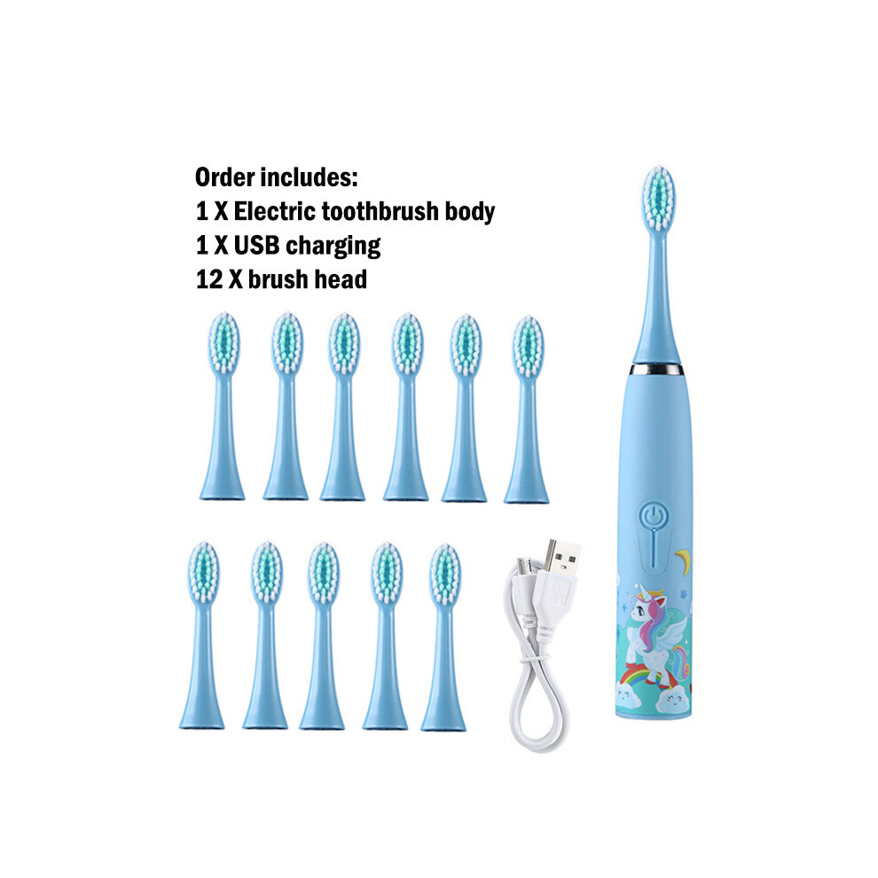 (Light blue 12 heads)Sonic Children's electric toothbrush with 12 brush heads IPX7 Waterproof ultrasonic