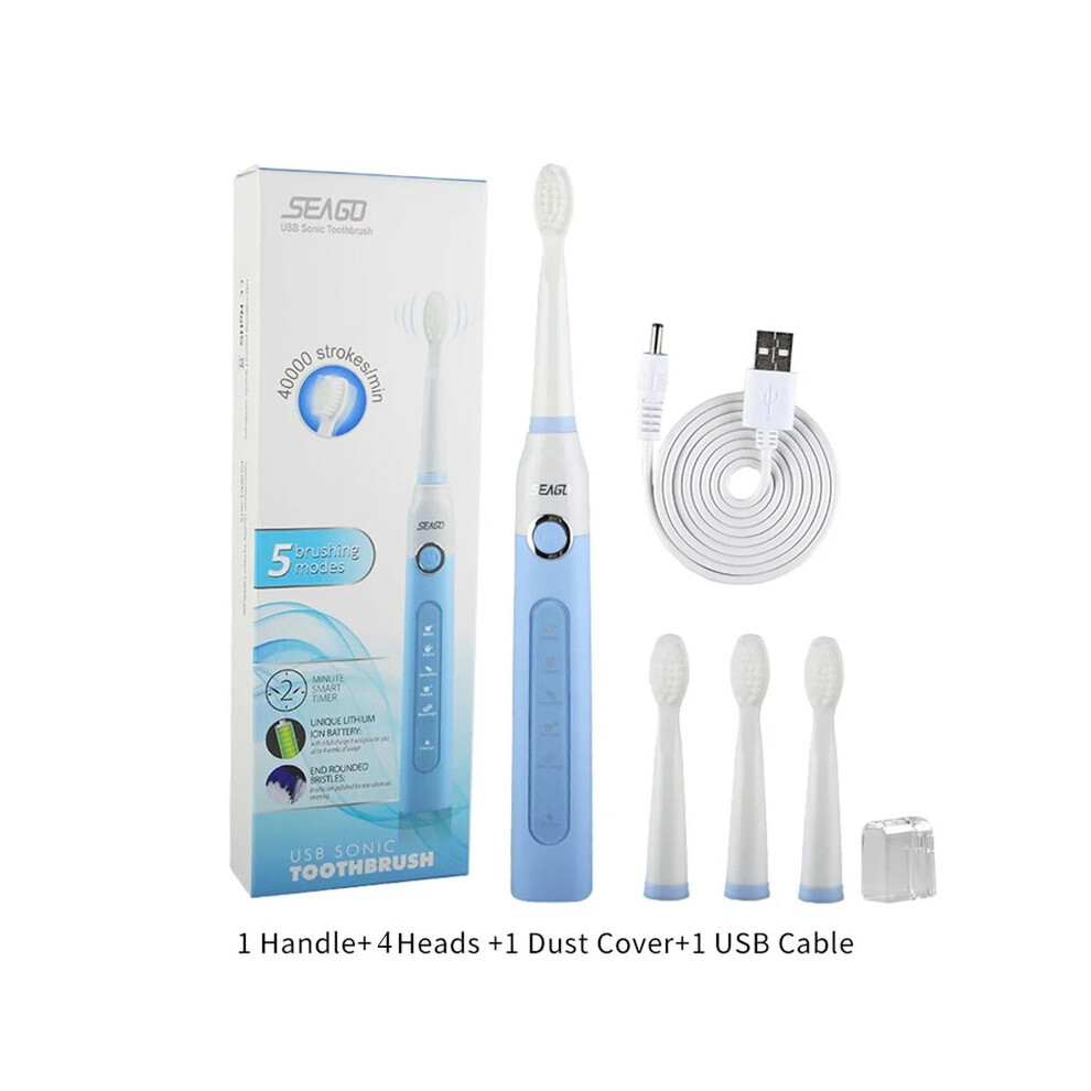 Blue (507 ) Seago Sonic Toothbrush Electric Toothbrush Cleans Teeth 5 Modes And 4 Replaceable Brush Heads