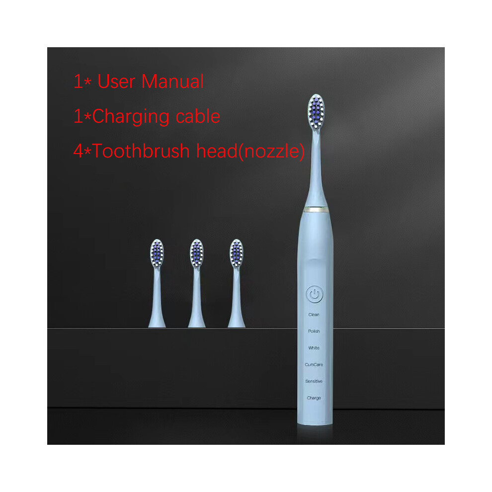 Blue ( 4 Head)Sonic Electric Toothbrush Ultrasonic Automatic Usb Rechargeable Ipx7 Waterproof Toothbrush