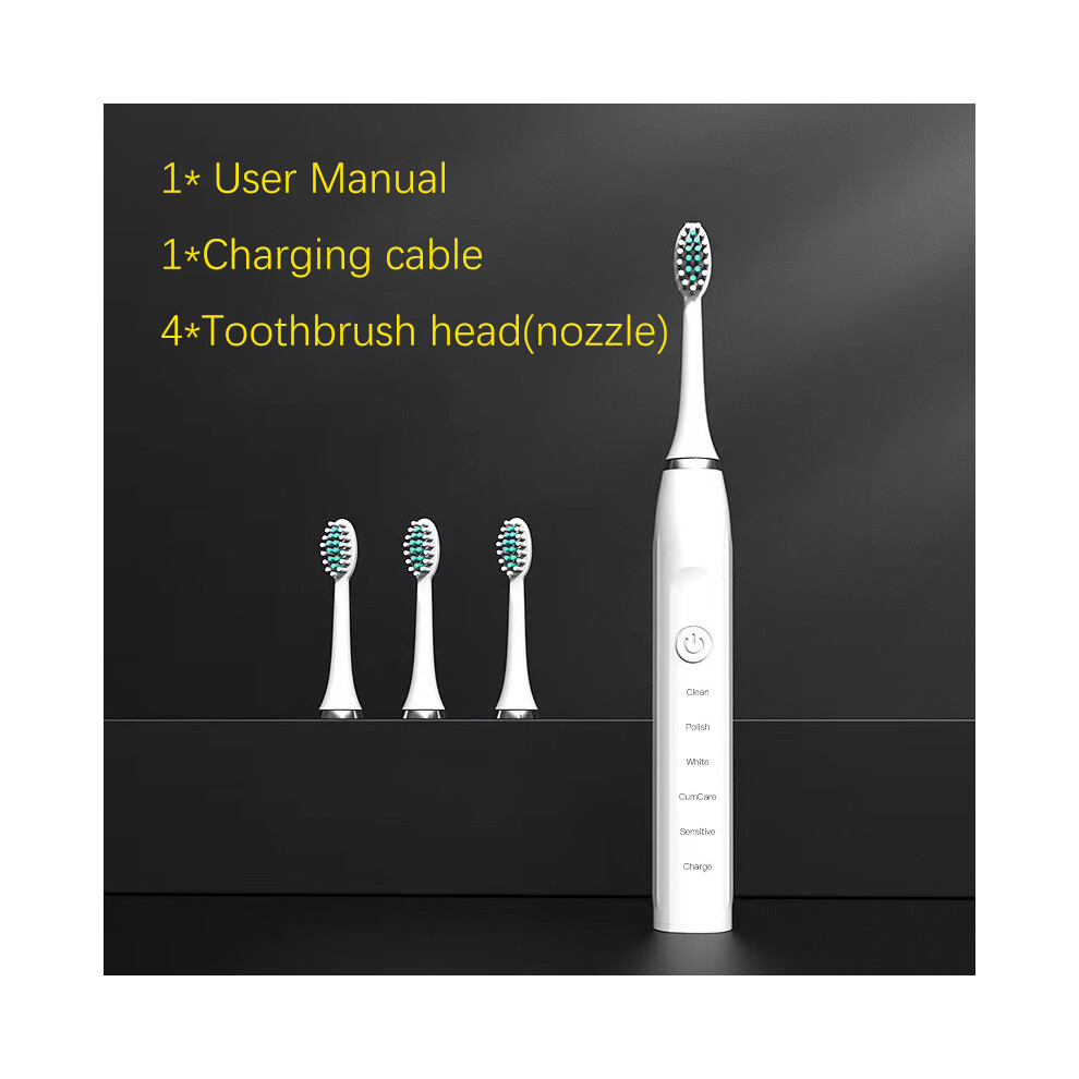 White ( 4 Head)Sonic Electric Toothbrush Ultrasonic Automatic Usb Rechargeable Ipx7 Waterproof Toothbrush