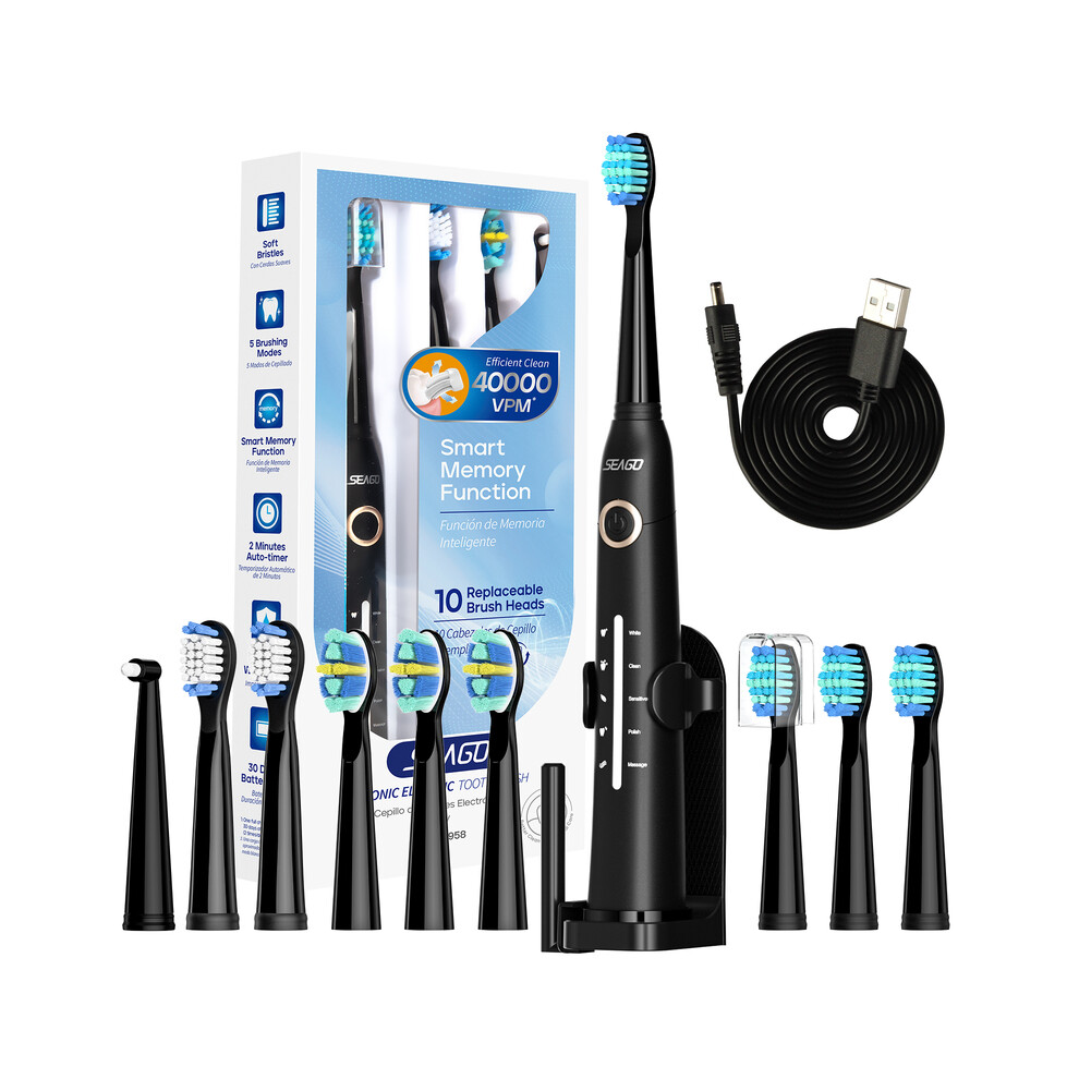 (958Black-10.-holder) Seago Sonic electric toothbrush Toothbrush USB Rechargeable for adult ultrasonic
