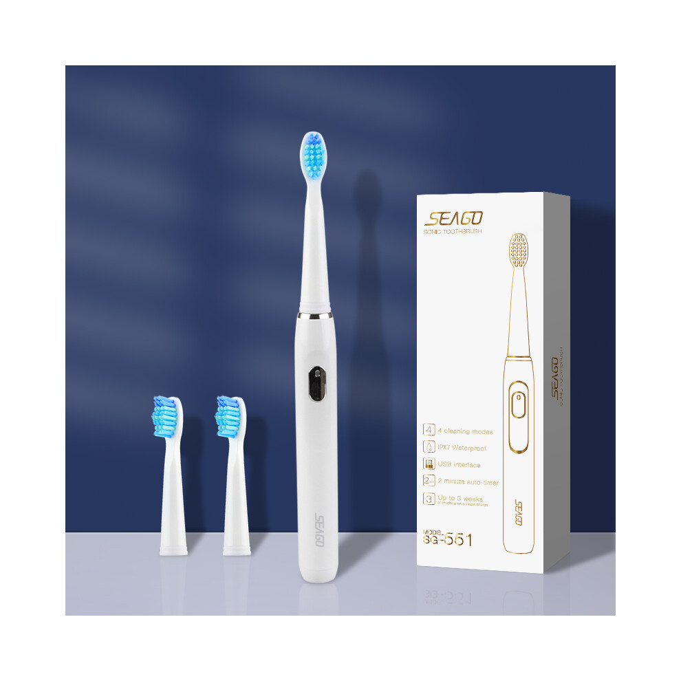 (551 white)Seago Sonic rechargeable electric toothbrush, 4 modes and 3 replaceable brush heads 2 minutes