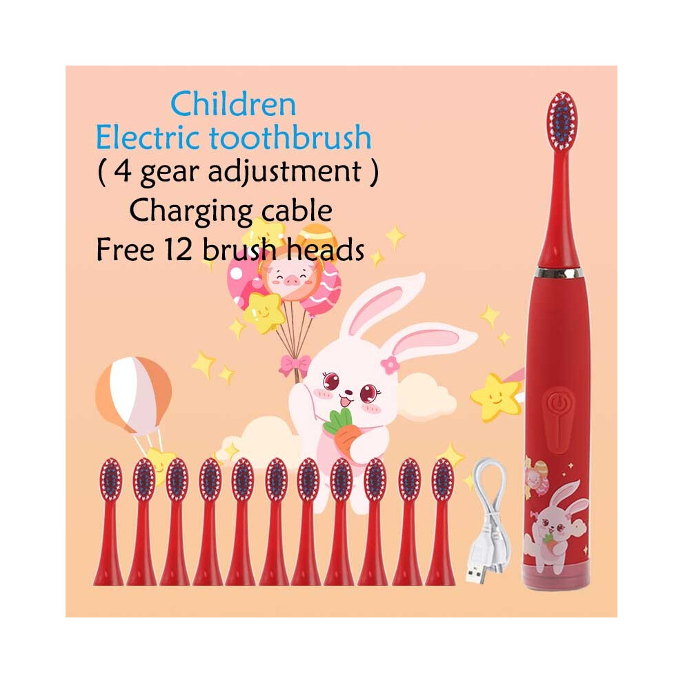 (red 12 heads) Children's electric toothbrush Cartoon for children with replaceable head Ultrasonic