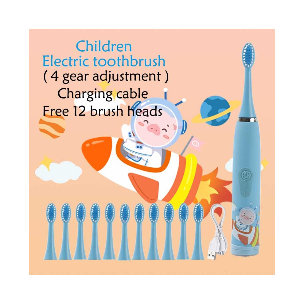 (blue 12 heads) Children's electric toothbrush Cartoon for children with replaceable head Ultrasonic