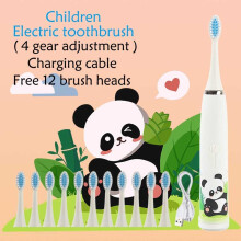 (White 12 Heads) Children's Clean Electric Toothbrush Cartoon for Kids with Replaceable Head Ultrasonic