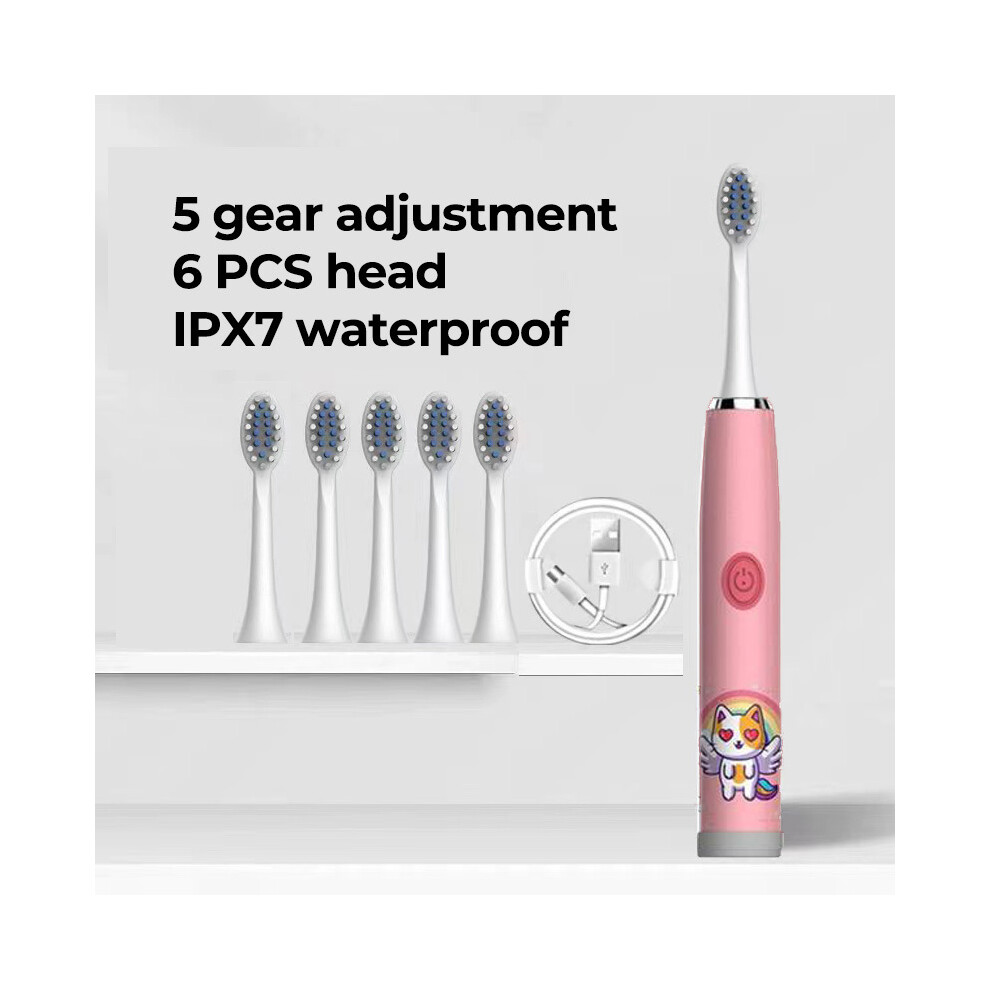 (Pink 6 Head 2) Children's Clean Electric Toothbrush Cartoon for Children with Replaceable Head Ultrasonic