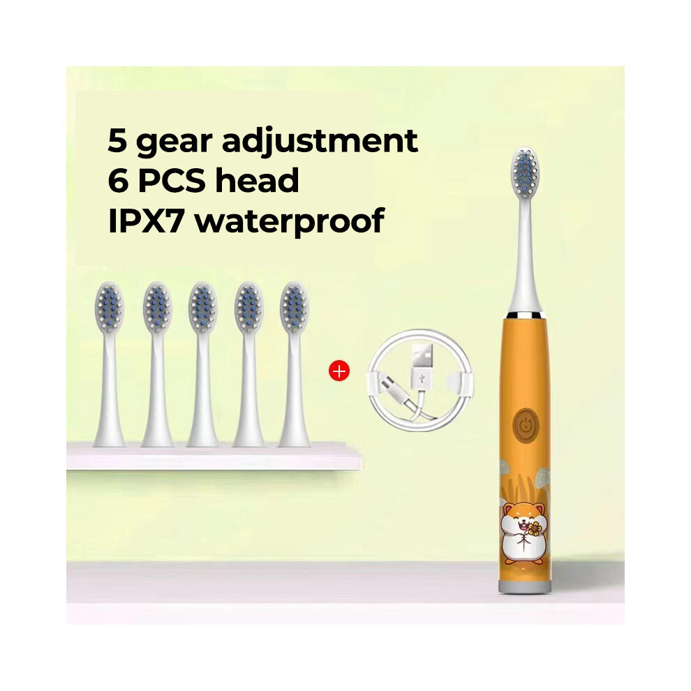 (Yellow 6 head) Children's clean electric toothbrush Cartoon for children with replaceable head Ultrasonic