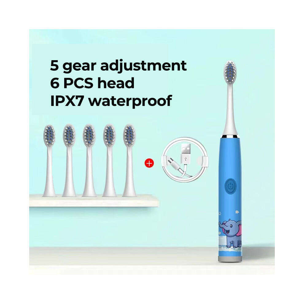 (Blue 6 head) Children's clean electric toothbrush Cartoon for children with replaceable head Ultrasonic