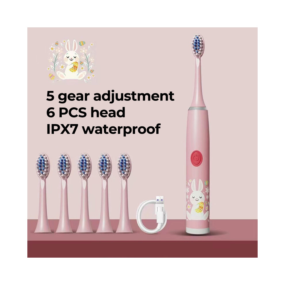 (Pink 6 head) Children's clean electric toothbrush Cartoon for children with replaceable head Ultrasonic