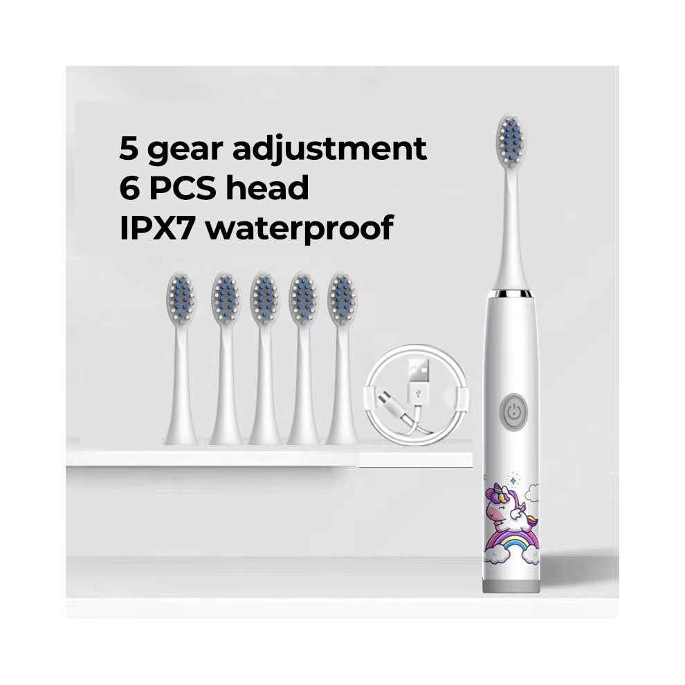 (White 6 head) Children's clean electric toothbrush Cartoon for children with replaceable head Ultrasonic