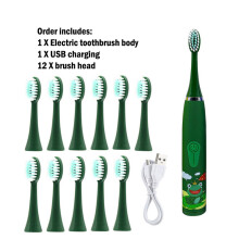 (Green 12 Head) Children's Electric Toothbrush with Replacement Heads Colorful Cartoon Ultrasonic Rechargeable