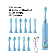 (Blue 12 Head) Children's Electric Toothbrush with Replacement Heads Colorful Cartoon Ultrasonic Rechargeable