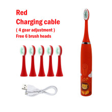 (Red 6 Head) Children's Electric Toothbrush with Replacement Heads Colorful Cartoon Ultrasonic Rechargeable