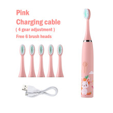 (Pink 6 Head) Children's Electric Toothbrush with Replaceable Heads Colorful Cartoon Ultrasonic Rechargeable