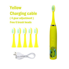 (Yellow 6 Head) Children's Electric Toothbrush with Replaceable Heads Colorful Cartoon Ultrasonic Rechargeable