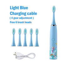 (Blue 6 Head) Children's Electric Toothbrush with Replaceable Heads Colorful Cartoon Ultrasonic Rechargeable
