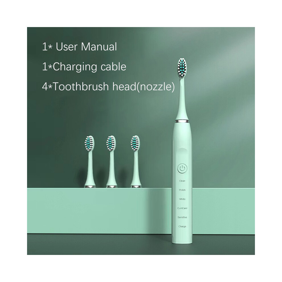 Green ( 4 Heads)Adult Timer Teether Ultrasonic Automatic Vibrator Whitening Waterproof Usb