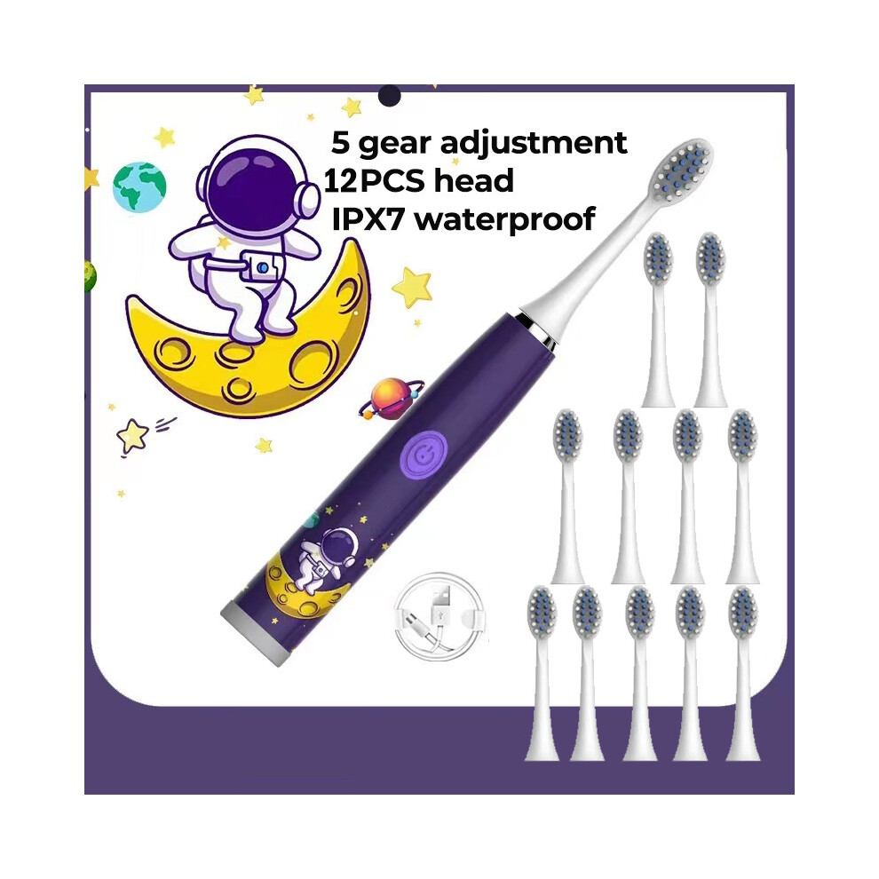 Purple ( 12 Heads) Sonic Electric Toothbrush For Children 12 Brush Heads Ultrasonic Rechargeable Timer