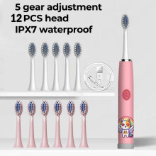 (Pink 12 heads 2)Sonic electric toothbrush for children 12 brush heads Ultrasonic rechargeable timer