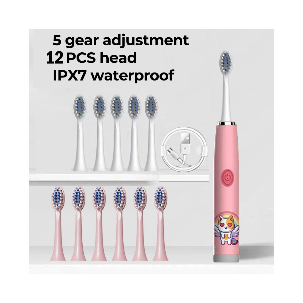 Pink ( 12 Heads 2)Sonic Electric Toothbrush For Children 12 Brush Heads Ultrasonic Rechargeable Timer