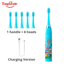 (Blue, 6 Heads) Children's Sonic Electric Toothbrush Colorful Cartoon for Kids USB Rechargeable Soft
