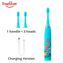 (Blue, 3 Heads) Children's Sonic Electric Toothbrush Colorful Cartoon for Kids USB Rechargeable Soft