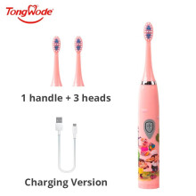 (Pink, 3 Heads) Children's Sonic Electric Toothbrush Colorful Cartoon for Kids USB Rechargeable Soft