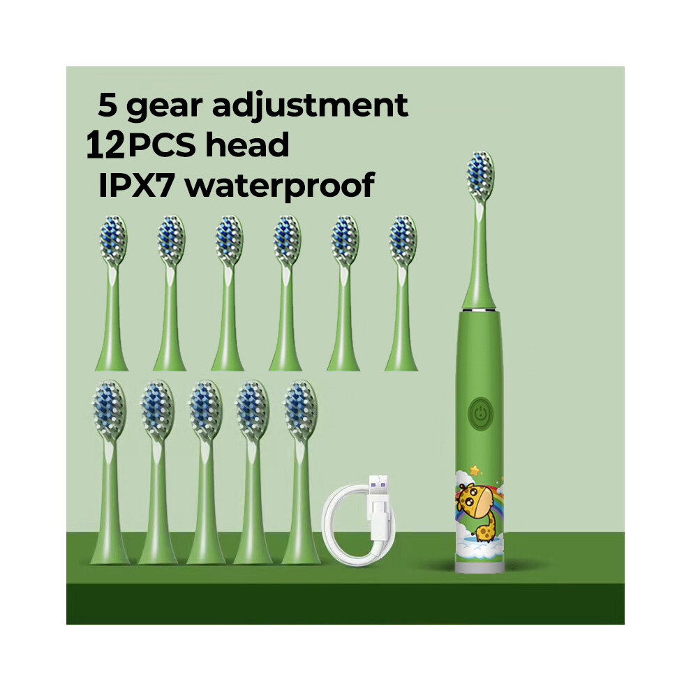 Green ( 12 Heads) Sonic Electric Toothbrush For Children 12 Brush Heads Ultrasonic Rechargeable Timer