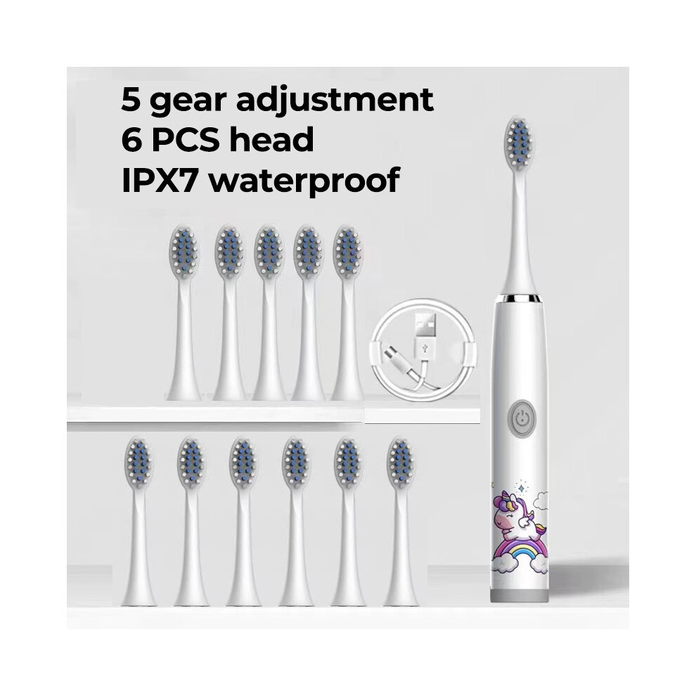 White ( 12 Heads) Sonic Electric Toothbrush For Children 12 Brush Heads Ultrasonic Rechargeable Timer