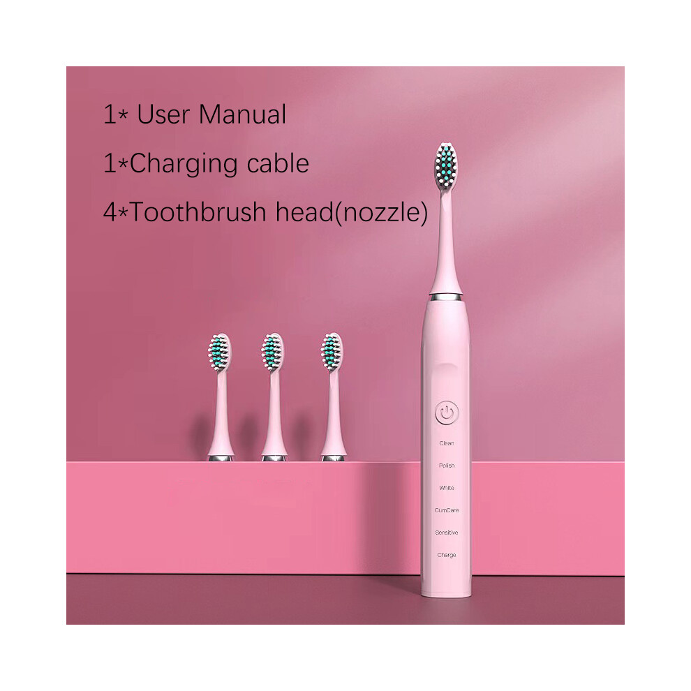 Pink ( 4 Head)Ultrasonic Electric Toothbrush For Adults Timer Teeth Automatic Vibrator