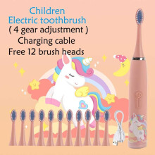 (Pink 12 Heads) Sonic Electric Toothbrush Cartoon for Kids 12 Pcs Replacement Brush Heads Waterproof