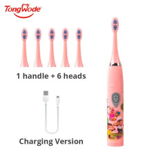 (Pink, 6 Heads) Children's Sonic Electric Toothbrush Colorful Cartoon for Kids USB Rechargeable Soft