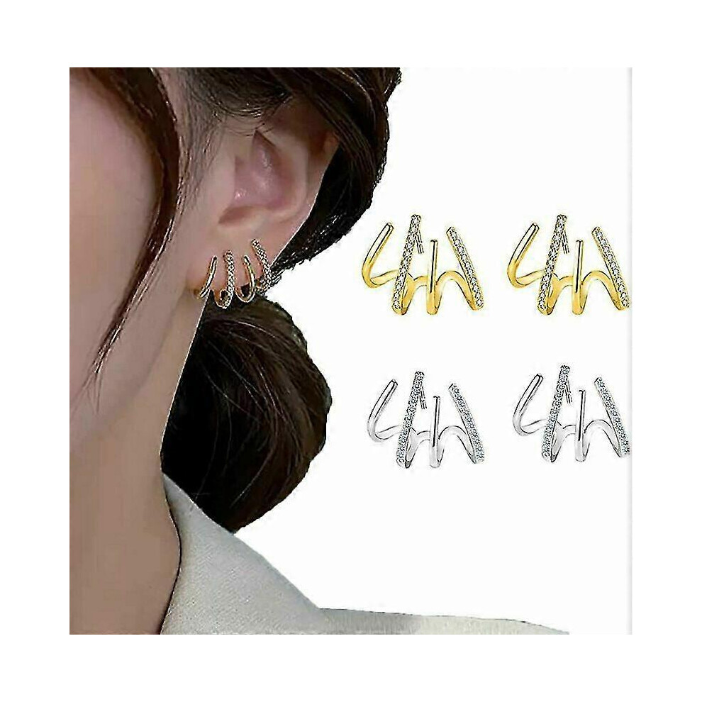 (Gold, One Size) Shiny Crystal Claw Earrings Cuff For Women 925 Silver Needle Ear Piercing Studs 5064242268951