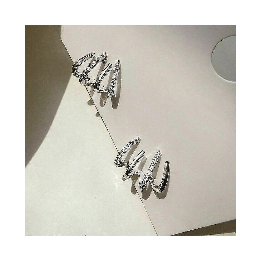 (Silver, One Size) Shiny Crystal Claw Earrings Cuff For Women 925 Silver Needle Ear Piercing Studs 5064242268968