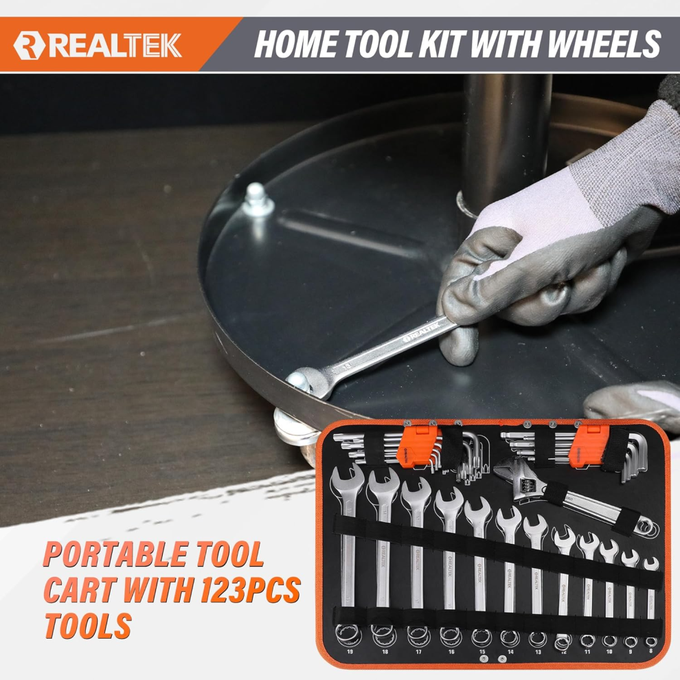 REALTEK 123pcs Portable Home Tool Kit with Aluminum Trolley Case