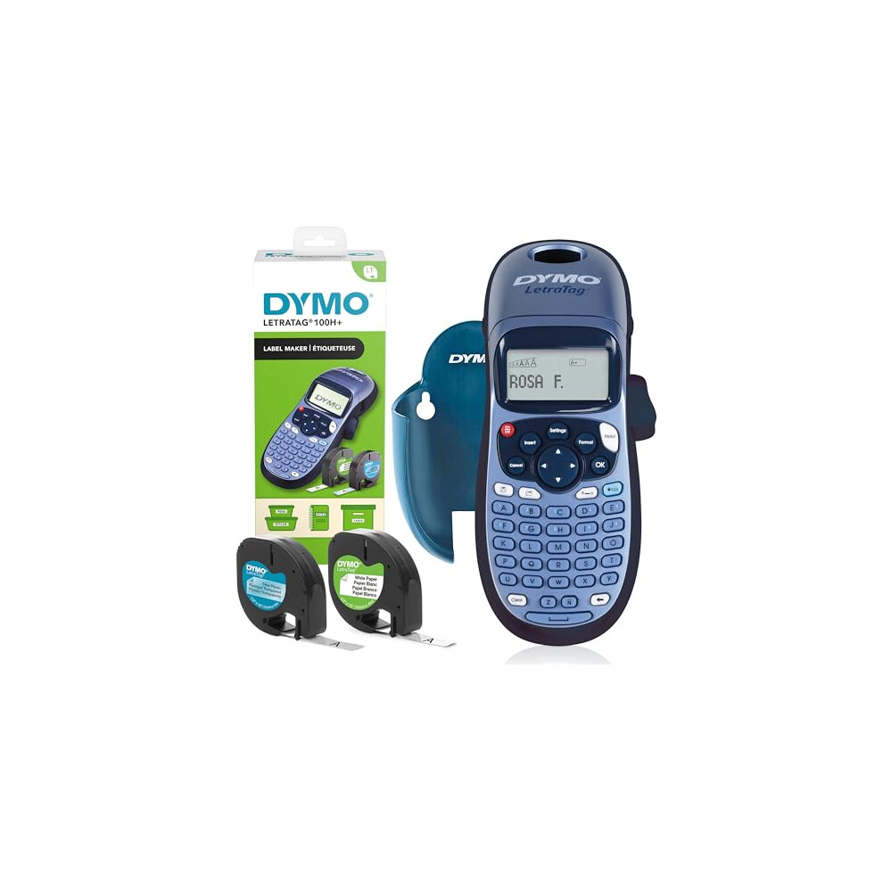 Dymo LetraTag LT-100H Label Maker Starter Kit+ | Handheld Label Printer Machine | with Paper, Clear Plastic Label Tape & Machine Holder | Ideal for O