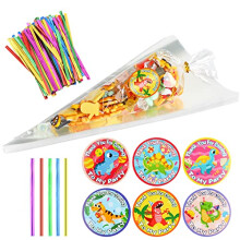 VEYLIN Clear Cone Treat Bags, 100 Pieces 30 x 16CM Sweet Cone Bags with Colored Ties and Dinosaur Thank You for Coming to My Party Stickers