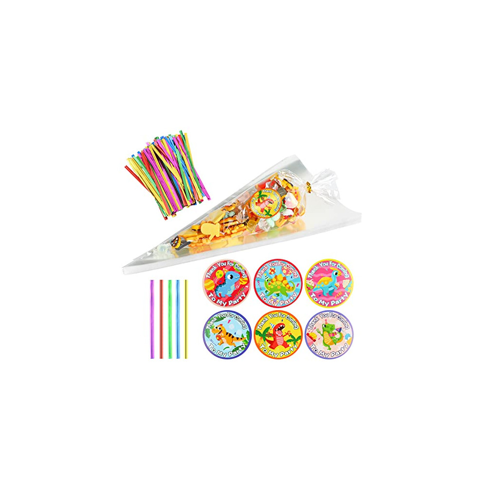 VEYLIN Clear Cone Treat Bags, 100 Pieces 30 x 16CM Sweet Cone Bags with Colored Ties and Dinosaur Thank You for Coming to My Party Stickers