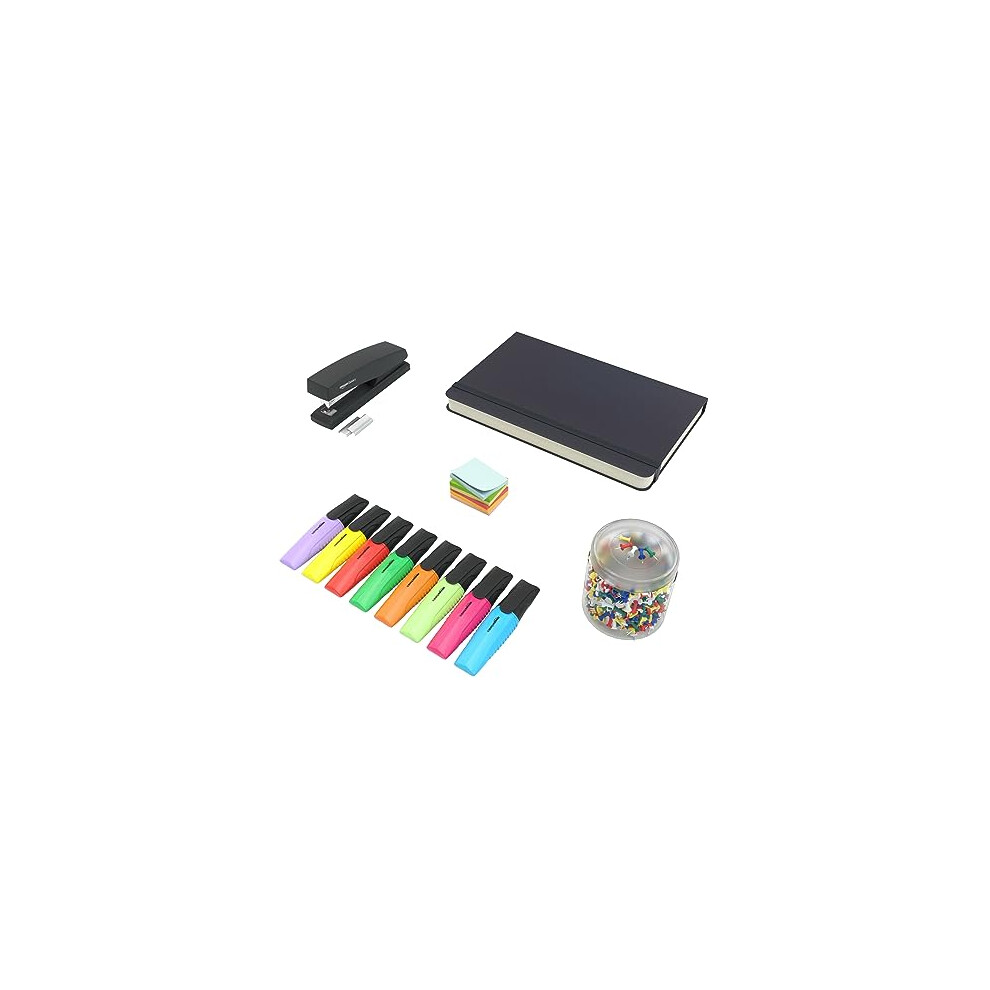 Amazon Basics - Office Essentials Set: Notebook, Push Pins, Sticky Notes, Highlighters & Stapler - 34 Pieces + 200 Push Pins, Black