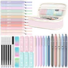Four Candies 39 PCS Aesthetic School Supplies with Cute Pen Case, 12 Pastel Highlighters, 5 Black Ink Gel Pens, 6 Mechanical Pencils Set 0.5 & 0.7 mm