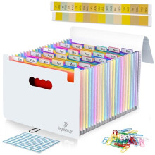 File Organiser, 26 Folders for Paperwork A4, Unique Design (White), 34 x 25 x 4 cm Document Organiser, Flap & Elastic Cord Closure Comes with Labels