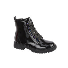 (2 UK, Black) Girl PU Leather Lace Up Zip Fastening Combat Shoe